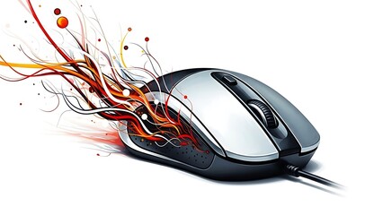 Modern computer mouse with vibrant abstract energy lines emerging
