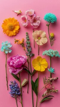 Blumen auf farbigem Papier (Flatlay)