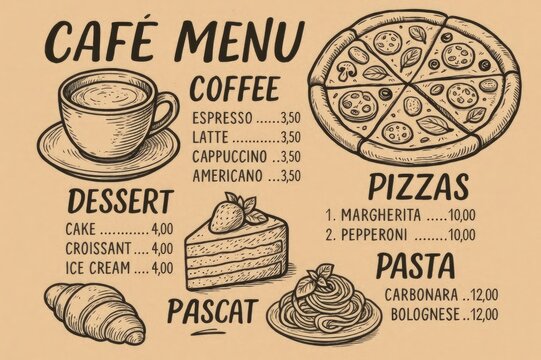 A vintage café menu featuring coffee, pizza, dessert, and pasta items. Includes prices for each item. The design is simple and rustic. - Powered by Adobe