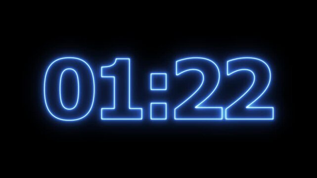 glowing neon 1 minute 30 second countdown animation from 90 seconds to 0 seconds on a transparent background, Neon One minute 30 second countdown timer with alpha channel