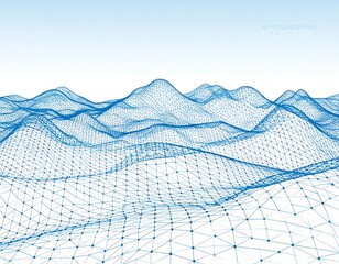 Abstract landscape,  network of interconnected points and lines creating a mountainous terrain.  Light blue background