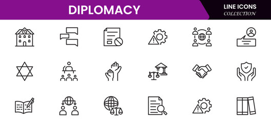 The diplomacy outline icon set comprises spoken and written communication, leaders, diplomats, the international system, and foreign policy. 