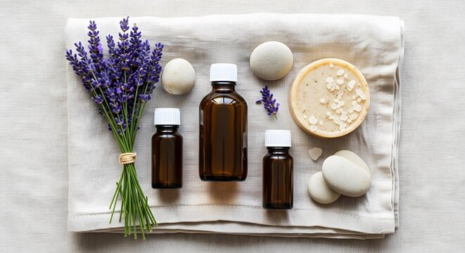 Overhead flat lay of lavender essential oil bottles, natural soa