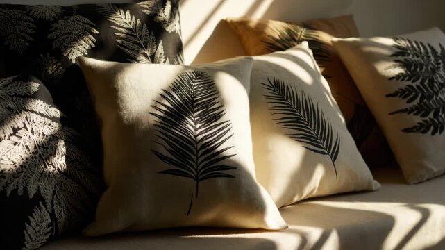 Decorative pillows with fern patterns resting on a couch in a well-lit room during the afternoon
