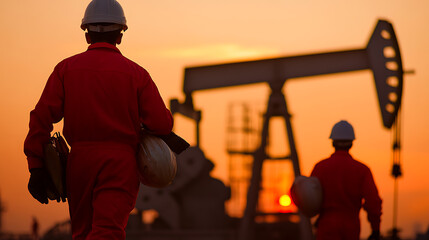 Silhouetted workers with hard hats oversee the rhythmic machinery of oil production against a vibrant sunset, embodying the energy industry's dedication.