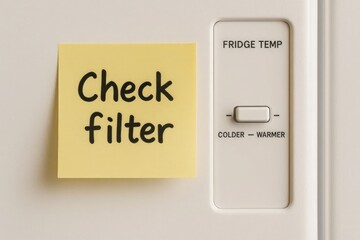 A close-up of a refrigerator control panel with a yellow sticky note that reads 'Check filter'. The panel shows temperature settings and a switch.