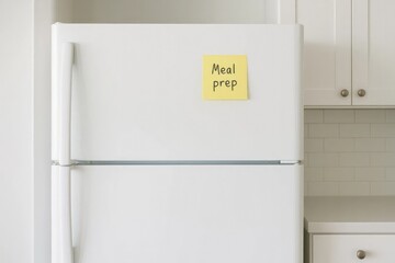 A white refrigerator with a yellow sticky note labeled 'Meal prep' attached to the front. The kitchen has a modern design with white cabinets and a clean aesthetic.