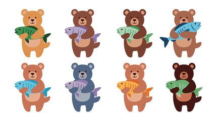 Fototapeta premium Charming collection of eight cute cartoon bears in different colors, each proudly holding a large fish they have caught for dinner.