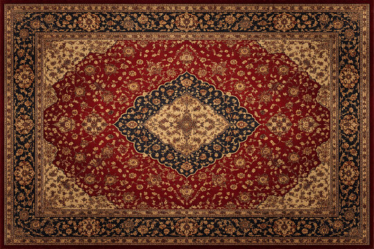 Old Persian carpet with pattern. top view. Old Red Persian Carpet Texture, abstract ornament

