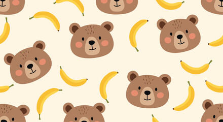 Fototapeta premium Adorable seamless pattern of cute brown bear heads with rosy cheeks and yellow bananas scattered on a light cream background.