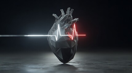 Low poly 3d heart with ecg heartbeat line on dark background, futuristic medical illustration, heart health concept