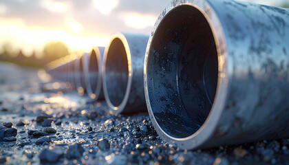 Industrial Pipe Installation: A series of industrial pipes stretches into the distance against the backdrop of a vibrant sunset, symbolizing infrastructure. 
