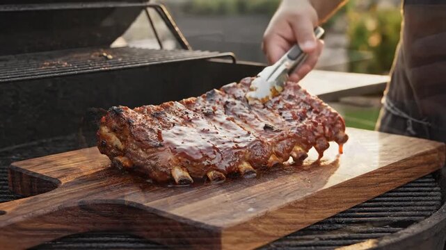 Close up of ribs being basted on a barbecue grill with natural sunlight