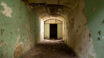 Obraz premium A mysterious, forgotten hallway with peeling paint and a dark doorway at the end, suggesting a long and neglected past. The light beckons to the unknown. #AbandonedPlaces