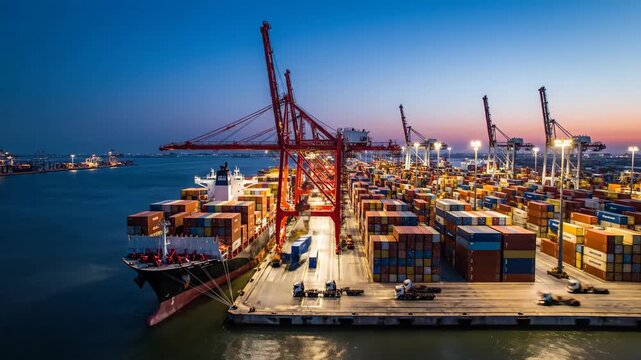 Industrial shipping port with cranes and cargo containers at dusk
