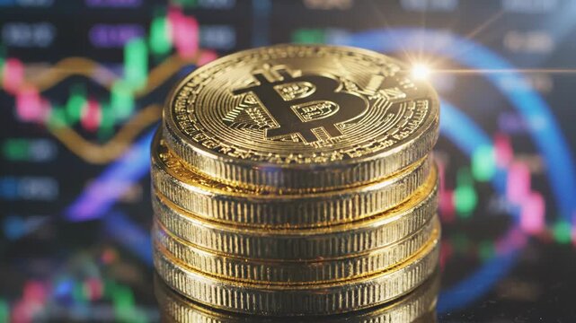 Stack of gold bitcoin coins on colorful stock market chart background with blurred graphs
