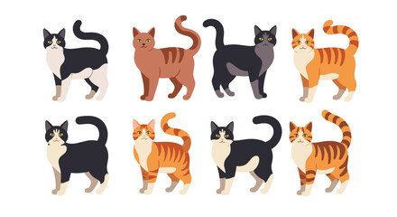 Fototapeta premium A charming set of eight cartoon cats in standing poses, featuring tuxedo and ginger tabby patterns with slight variations in design.