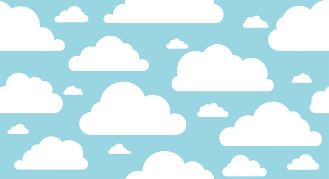 Simple seamless pattern of fluffy white clouds against a solid light blue sky. This minimalist cartoon background is perfect for nursery decor, wallpapers, or fabrics.