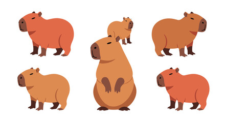Adorable collection of cute cartoon capybara illustrations in different poses, including a mother with her baby. This character set is isolated on a white background.
