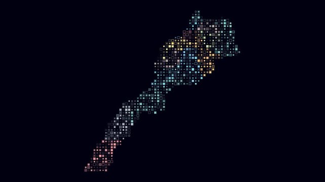 Morocco map animation. Shape of the country with pulsating colored dots. Small size square blocks. Digital style Morocco map on dark background. Trending video.