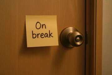 A wooden door with a brass doorknob. A yellow sticky note is attached, reading 'On break'. The scene suggests a temporary closure or pause.