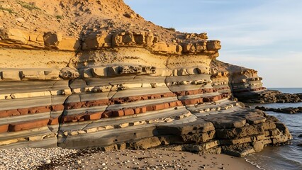 A geological deposit formation on a beach with layered earth science mineral deposits exposed in the cliffside. Perfect for educational materials, geology presentations, earth science