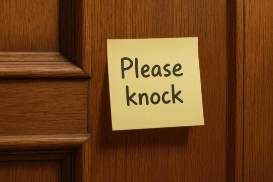 A yellow sticky note with the text 'Please knock' is attached to a wooden door. The door has a rich brown finish and a simple design.