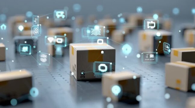Packages with digital icons floating around, representing modern logistics and supply chain management