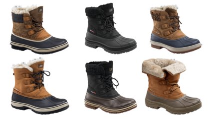 Collection of Six Different Pairs of Winter Snow Boots and Duck Boots Isolated on a Black Background