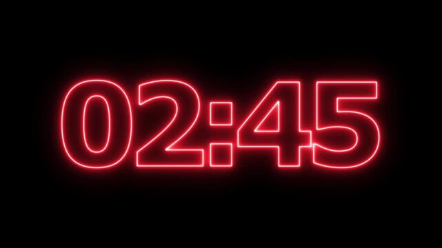 neon 3 minute countdown animation from 180 seconds to 0 seconds on a transparent background, Neon three minute countdown timer with alpha channel
