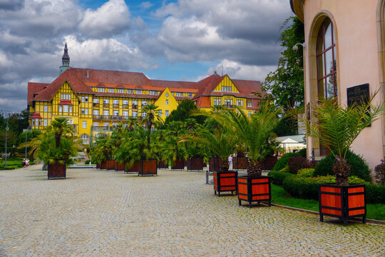 garden, palms, fountain, sanatorium and promenade in spa town Kudowa Zdroj Poland