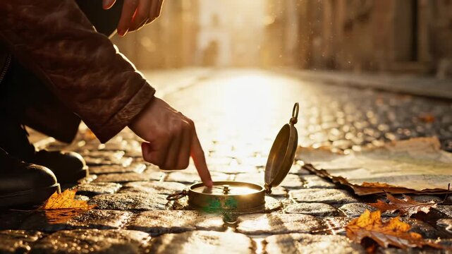 Person points at compass on wet pavement during sunset. Hand touches compass with autumn leaves around. Golden hour light reflects on compass. Wet street with compass and leaves. Navigation at sunset