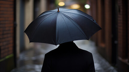 Mysterious figure walking through a narrow alleyway with a black umbrella. Dark coat and blurred city lights create an enigmatic atmosphere, perfect for film noir.