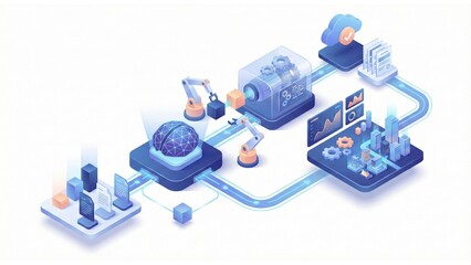 Isometric illustration of a blue-toned AI workflow process with various machines and computers connected by pipes on a white background.