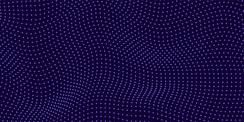 Abstract purple halftone dots background with flowing wave pattern n depth effect, modern digital texture design suitable for technology themes, presentations, posters, branding, websites, wallpapers.
