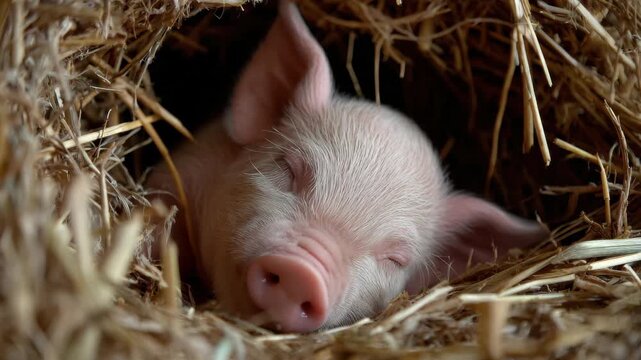 Piglet sleeps in a cozy nest of hay at a farm during the daytime with sunlight filtering through the barn