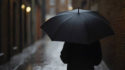 Silhouette in rain-slicked city. An individual under an umbrella traverses a narrow street, the wet pavement reflecting city lights, creating a somber yet picturesque urban scene.