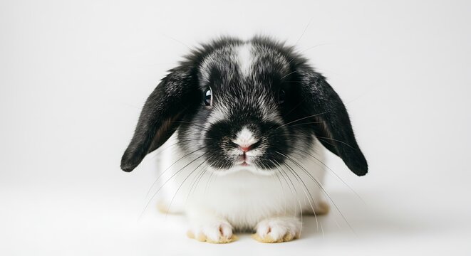 Adorable Black and White Lop Rabbit with Droopy Ears and Expressive Gaze on Pure White.