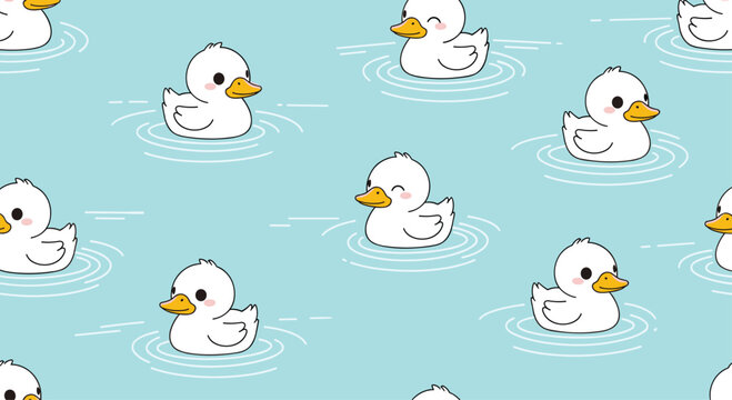 Seamless repeating pattern of cute cartoon white ducks with yellow beaks swimming happily in pale blue water, creating gentle ripples around them.