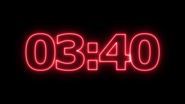 neon 4 minute countdown animation from 240 seconds to 0 seconds on a transparent background, Neon four minute countdown timer with alpha channel