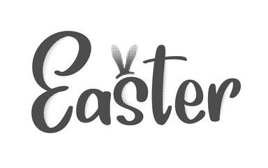 Easter with cute Bunny Rabbit Ears Handwritten Calligraphy Typography Lettering and Halftone Texture for Spring Greeting Cards and Holiday Sale Design. Trending Easter Letterings. Vector Illustration