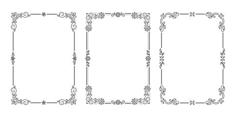 Vintage Line Art Luxury Ornamental Border Frame Set Curls Corner Floral Ornament. Elegant Decorative Ornate Rectangular Vertical Frames for Certificate, Wedding, Invitation Card. Vector Illustration