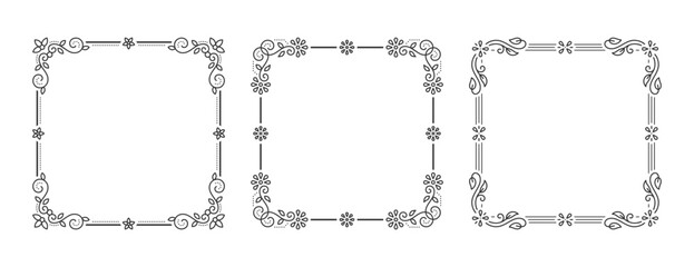 Ornamental Square Frame Set with Filigree Floral Decorative Corners Line Art in Vintage Style. Elegant Ornamental Border Frames for Wedding, Invitation, Poster, Menu, Letterhead. Vector Illustration