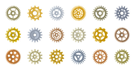 Gear Cog Flat Icon Set. Industry Mechanical Engineering Gearwheel. Technology Industrial Metal Cogwheels for Factory Automation Technical Projects. Machinery Graphic Elements. Vector Illustration