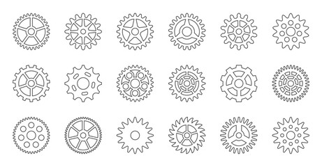 Gears Cogs Black Line Icon Set. Gearwheel Mechanical Engineering Technology Industrial Outline Metal Cogwheels for Factory Automation Projects. Machinery Manufacturing Elements. Vector Illustration