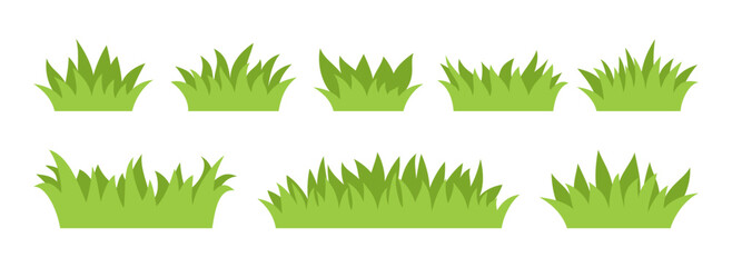 Green Grass Bushes and Lawn Flat Elements Set. Cartoon Nature Landscape Fresh Growth Spring Grass Leaves Silhouettes for Eco Garden, Park, Meadow, Greenery Outdoor Scene. Vector Illustration