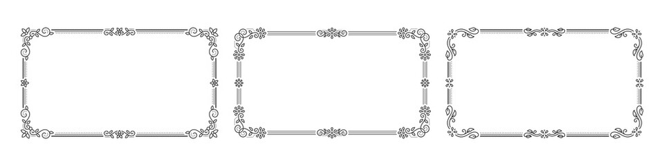 Frame Rectangular Horizontal Decorative Line Art Floral Corner Details Set. Border Frames with Elegant Flourishes. Vintage Design for Poster, Card, Menu, Branding Layouts. Minimal Vector Illustration