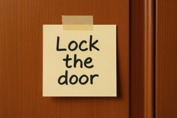A sticky note on a wooden door with the message 'Lock the door' written in bold black letters. The note is affixed with tape.