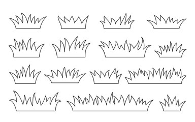 Grass Organic Growth Black Line Icon Set. Hand Drawn Outline Natural Meadow Lawn Elements for Landscape Coloring Page, Eco Backgrounds. Organic Grass Shapes Borders. DIY Stamping. Vector Illustration