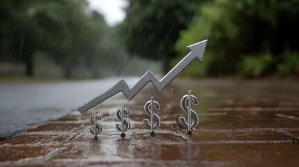 Metallic financial graph shows upward trend with dollar signs amidst falling rain outdoors